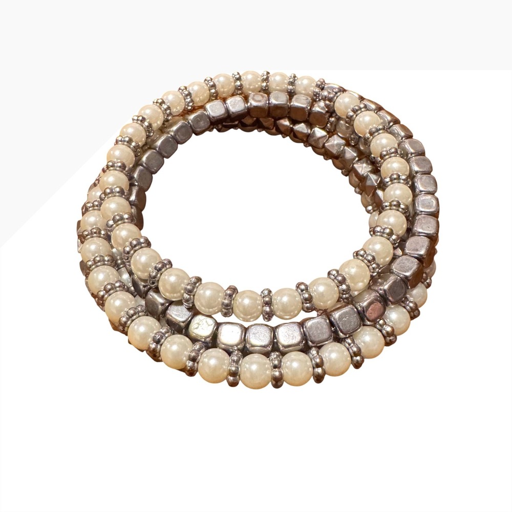 Silver Tone Faux Pearl Studded Multi Strand Wrap Bracelet Stacked Layered OS